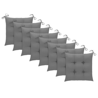vidaXL Трапезни столове, 8 бр, със сиви възглавници, тик масив