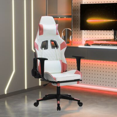 vidaXL Масажен гейминг стол с подложка бяло и розово изкуствена кожа