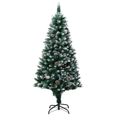 vidaXL Изкуствено коледно дърво с шишарки и бял сняг, 180 см