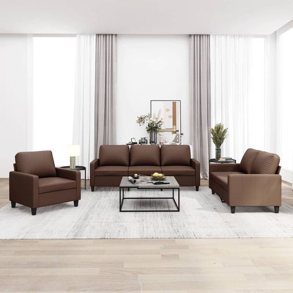 vidaXL Комплект дивани от 3 части с възглавници кафяв изкуствена кожа