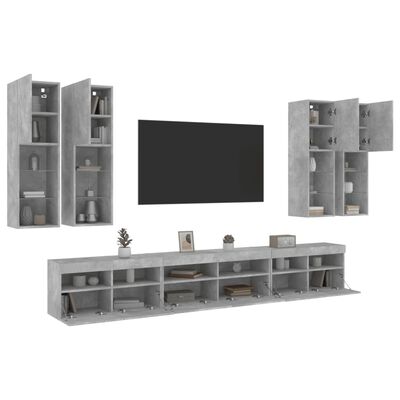 vidaXL ТВ стенни шкафове, 7 части, с LED светлини, бетонно сиви