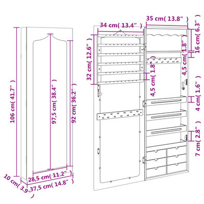 vidaXL Огледален шкаф за бижута, стенен монтаж, бял, 37,5x10x106 см