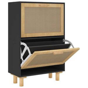 vidaXL Шкаф за обувки черен 52x25x80 см инженерно дърво и ратан