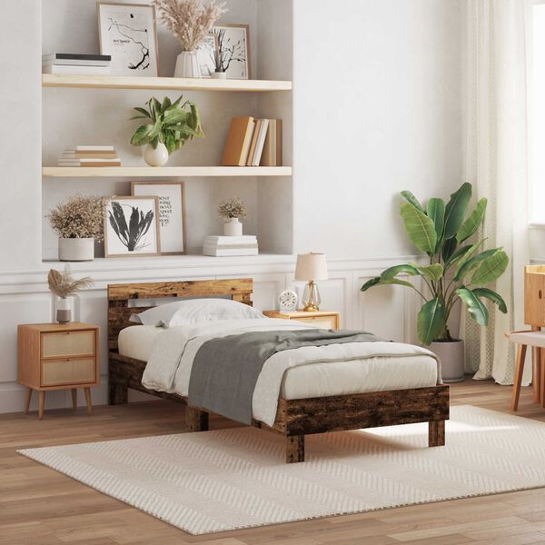 vidaXL Рамка за легло с LED Старо дърво 90 x 200 cm Инженерно дърво