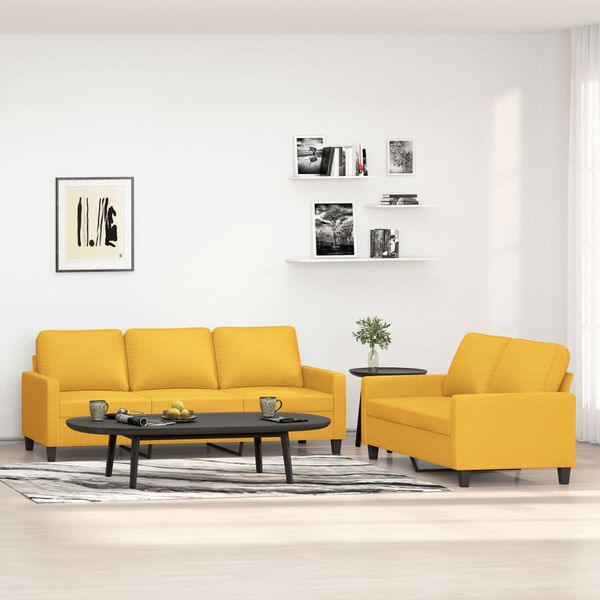 vidaXL Комплект дивани от 2 части с възглавници, светложълт, плат