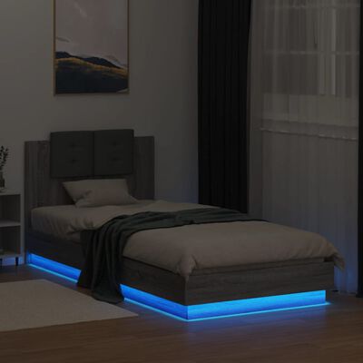 vidaXL Рамка за легло с табла и LED осветление, сив сонома, 90x200 см