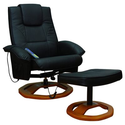 vidaXL Масажен стол с табуретка, черен, изкуствена кожа