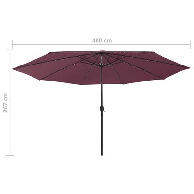 vidaXL Градински чадър с LED лампички и метален прът, 400 см, бордо