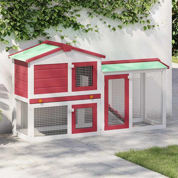 vidaXL Външна голяма клетка за зайци червено и бяло 145x45x84 см дърво