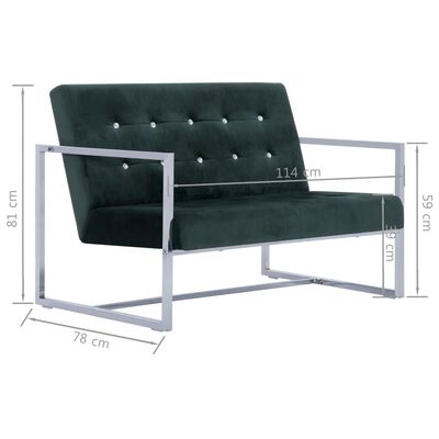 vidaXL Двуместен диван с подлакътници, тъмнозелен, хром и кадифе