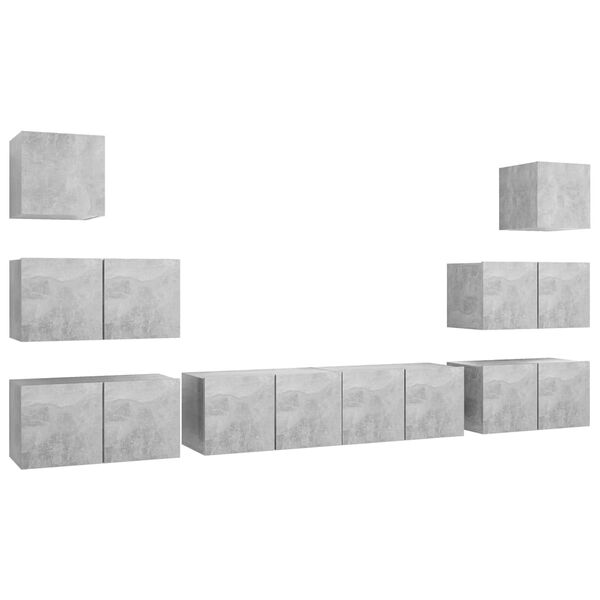 vidaXL Комплект ТВ шкафове от 8 части, бетонно сив, инженерно дърво