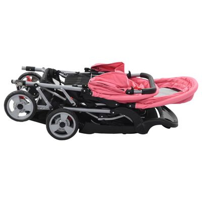 vidaXL Тандемна количка, розово и черно, стомана