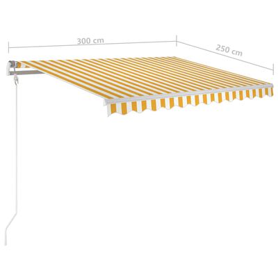 vidaXL Автоматично прибиращ се сенник с прътове, 3x2,5 м, жълто и бяло