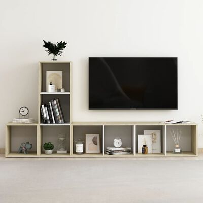 vidaXL Комплект ТВ шкафове от 3 части, бяло и дъб сонома, ПДЧ