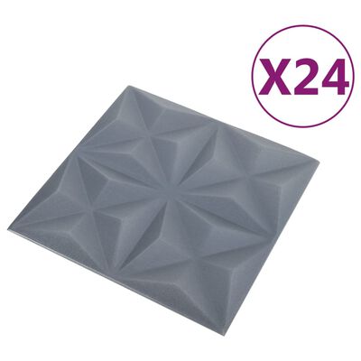 vidaXL 3D стенни панели, 24 бр, 50x50 см, оригами сиво, 6 м²