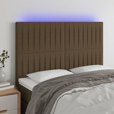 vidaXL LED горна табла за легло, тъмнокафява,144x5x118/128 см, плат