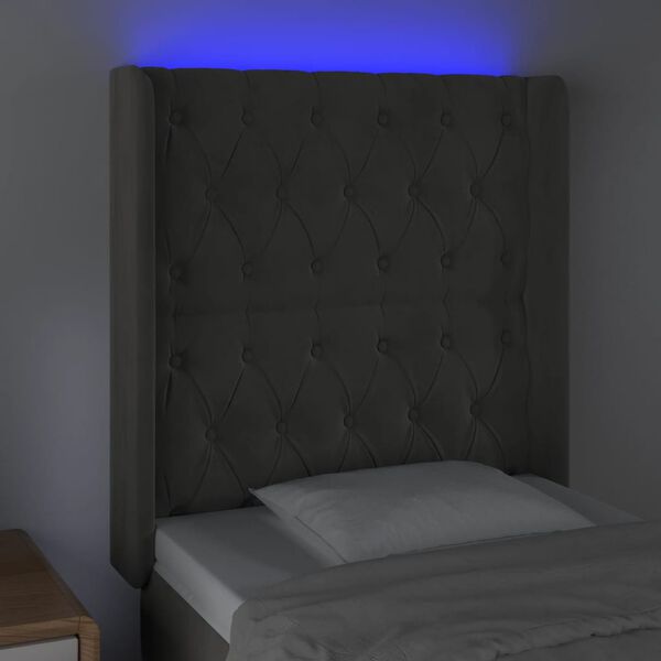 vidaXL LED горна табла за легло, тъмносива, 83x16x118/128 см, кадифе
