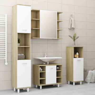 vidaXL Шкаф за баня с огледало, бяло и дъб сонома, 80x20,5x64 см, ПДЧ