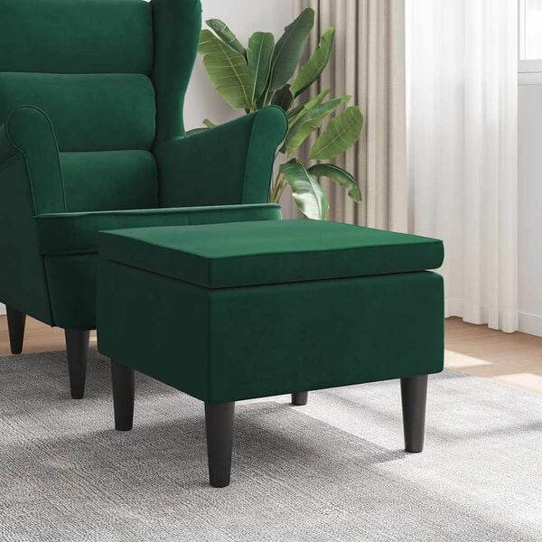 vidaXL Табуретка с дървени крака, тъмнозелена, кадифе