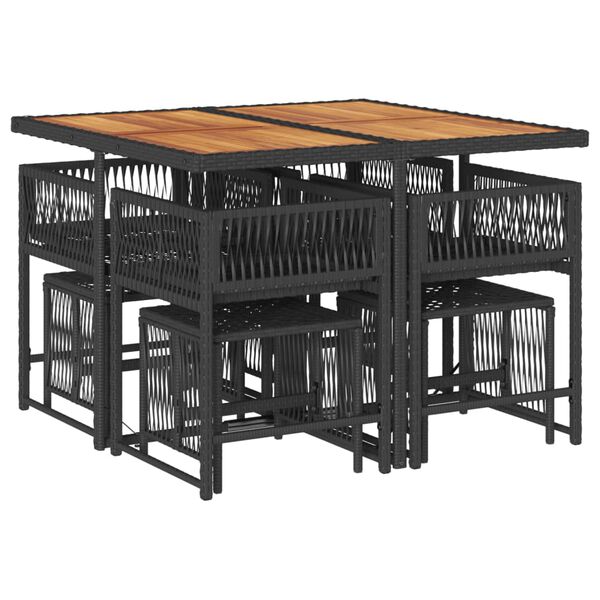 vidaXL Градински трапезен комплект възглавници 9 части черен полиратан