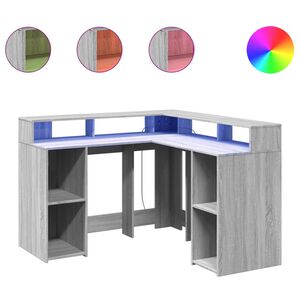 vidaXL Бюро с LED осветление сив сонома 130x130x91 см инженерно дърво