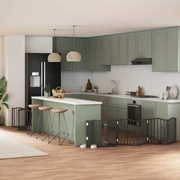 vidaXL Сгъваема преграда за куче с врата 9 панела черна 450 см топола