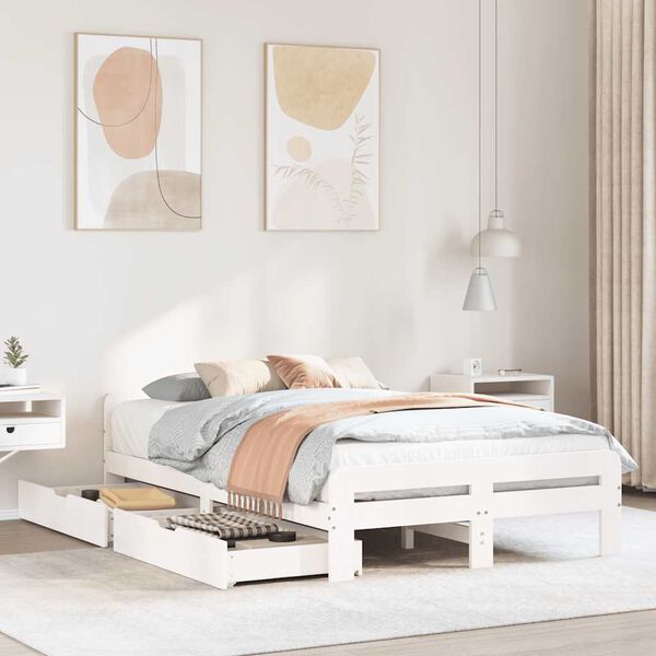 vidaXL Рамка за легло без матрак, бял, 135x190 см, бор масив