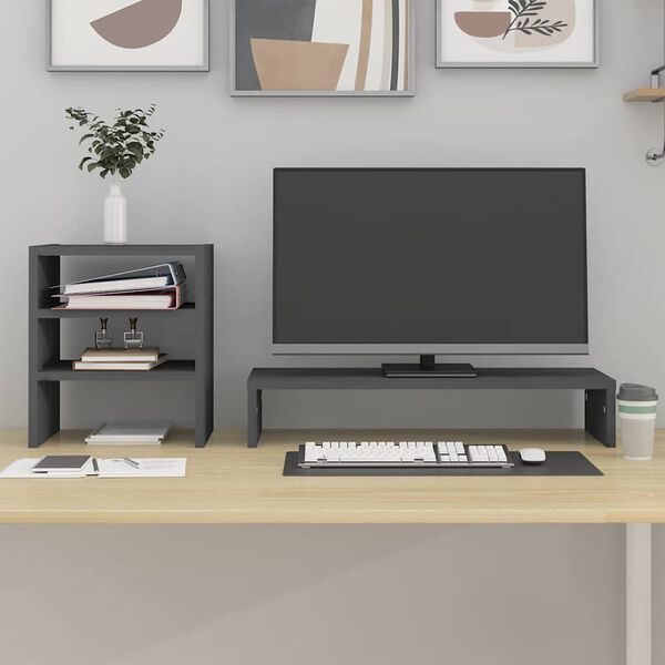 vidaXL Поставка за монитор, сива, 81x20x30 см, бор масив