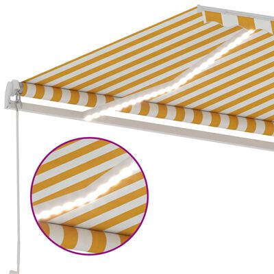 vidaXL Ръчно прибиращ се сенник с LED, 300x250 см, жълто и бяло