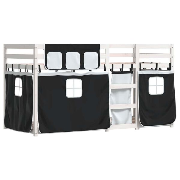 vidaXL Двуетажно легло със завеси, бяло и черно, 80x200 см, бор масив