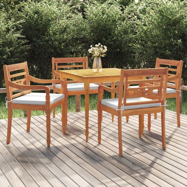 vidaXL Градински трапезен комплект, 5 части, с възглавници, тик масив