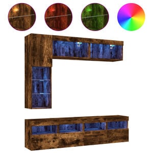 vidaXL Комплект ТВ стенни шкафове, 7 части, с LED светлини, опушен дъб