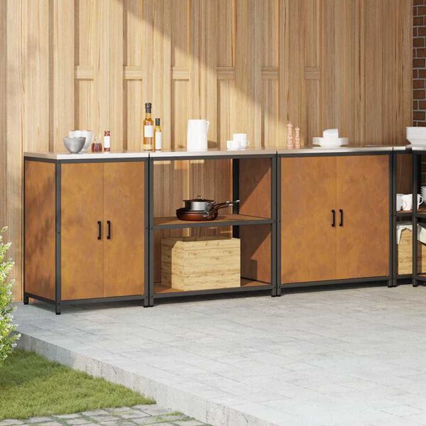 vidaXL Комплект за кухненско съхранение с рафт с врата 3 pcs Ръждясало