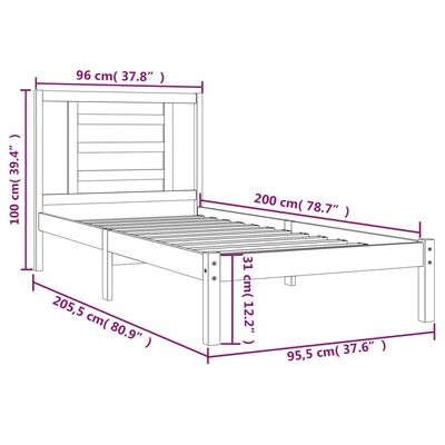 vidaXL Рамка за легло, бяла, бор масив, 90х200 см