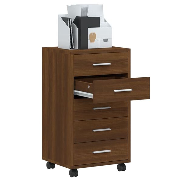 vidaXL Шкаф с чекмеджета с колелца инженерно дърво кафяв дъб