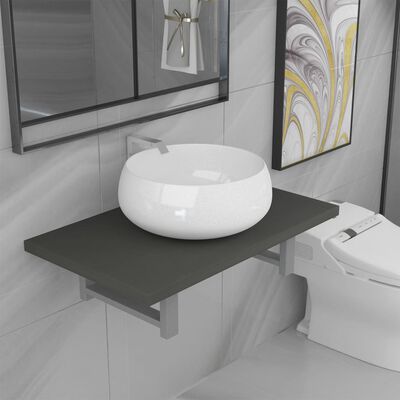 vidaXL Комплект мебели за баня от две части, керамика, сив