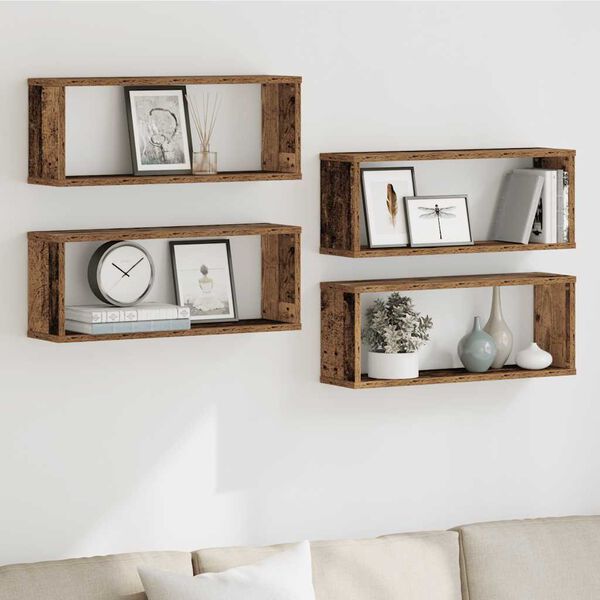 vidaXL Wall Cube Shelves 4 бр. старо дърво 60x15x23 cm