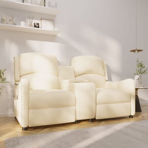 vidaXL 2-местен масажен реклайнер с държачи за чаши, кремав, текстил