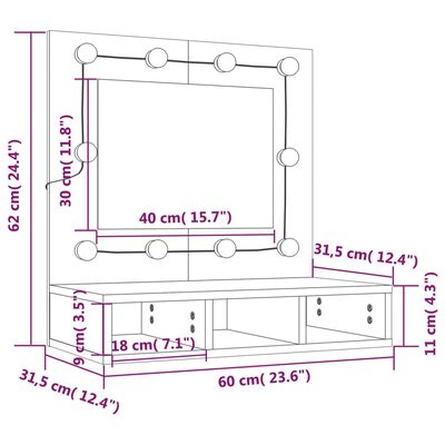 vidaXL Огледален шкаф с LED, кафяв дъб, 60x31,5x62 см