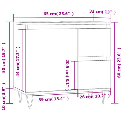 vidaXL Шкаф за баня, сив сонома, 65x33x60 см, инженерно дърво