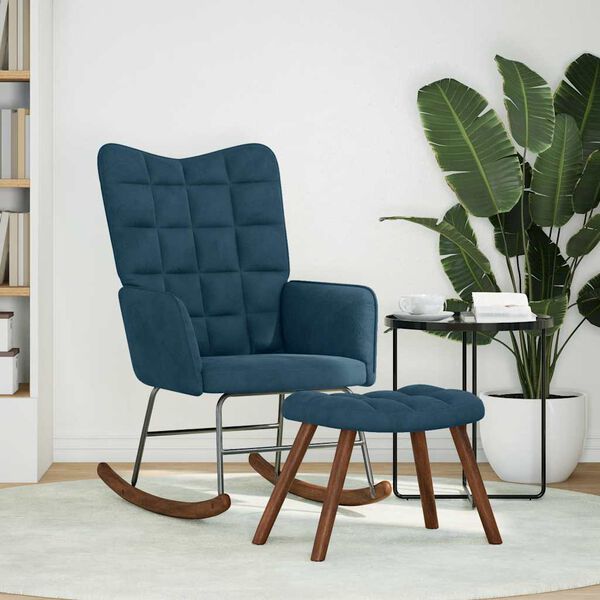 vidaXL Люлеещ се стол с табуретка Синьо кадифе