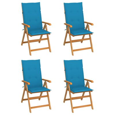 vidaXL Градински столове, 4 бр, сини възглавници, тиково дърво масив