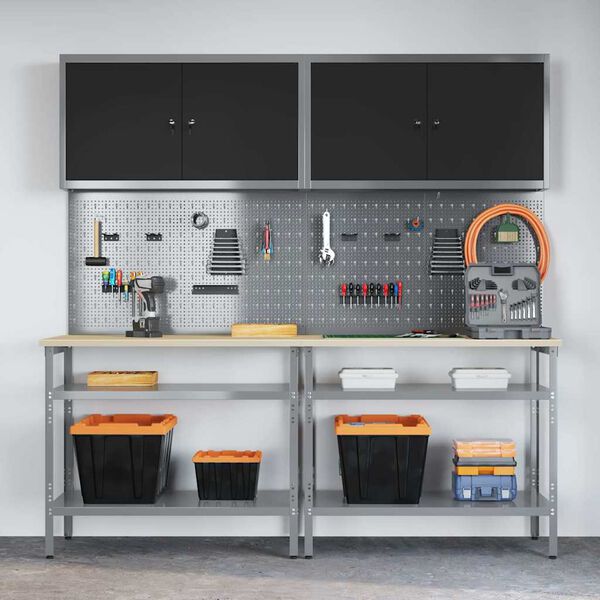 vidaXL Комплект работна маса с рафт със съхранение Сив Стомана