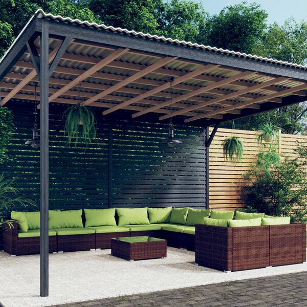 vidaXL Градински комплект с възглавници 11 части полиратан кафяв