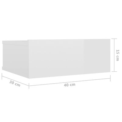 vidaXL Нощно шкафче за стена, силен бял гланц, 40x30x15 см, ПДЧ