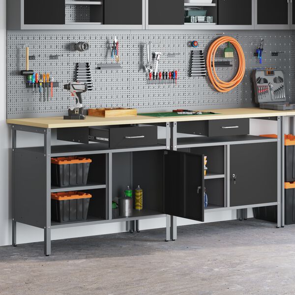 vidaXL Комплект работна маса с рафт 2 pcs Черен и Сив 200 x 55 x 85 см