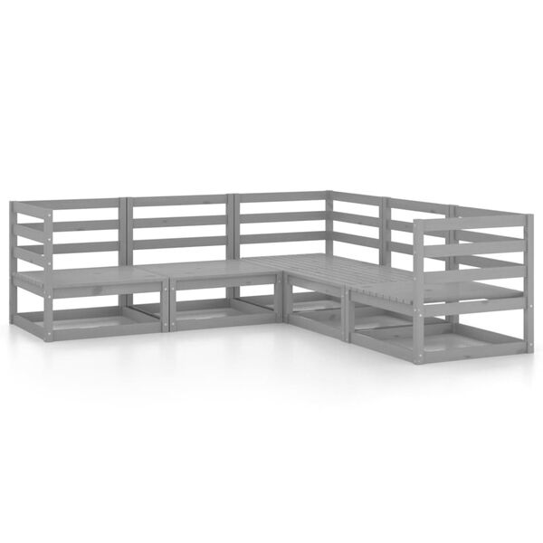 vidaXL Градински лаундж комплект, 5 части, сив, бор масив