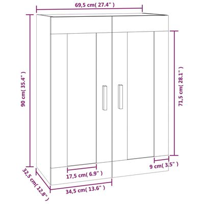 vidaXL Стенен шкаф, бял гланц, 69,5x32,5x90 см, инженерно дърво
