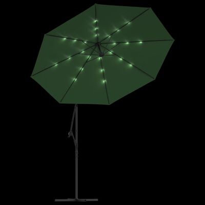 vidaXL Висящ чадър с LED осветление, 300 см, зелен, метален прът