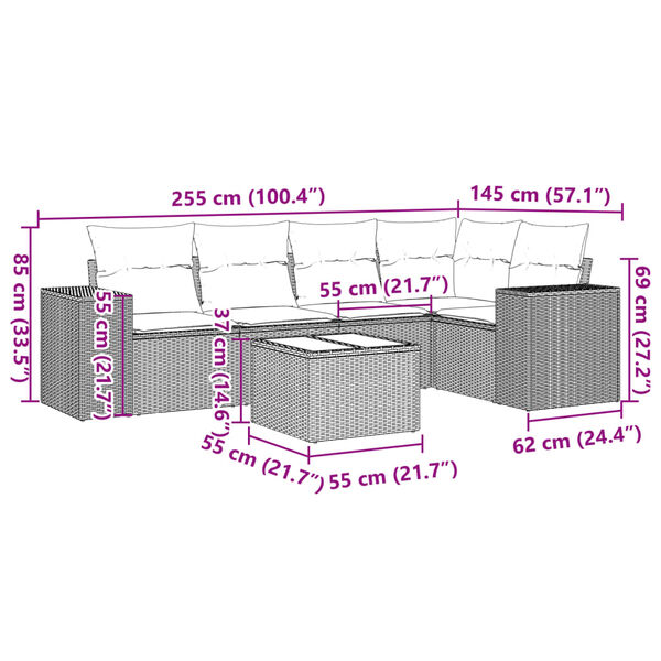 vidaXL Градински диван с възглавници, 6 части, черен, полиратан